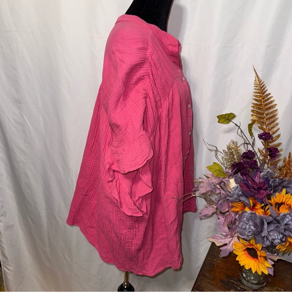 BIBI Pink Crinkle Gauze Button Front Boho Top Oversized Medium - Picture 4 of 8